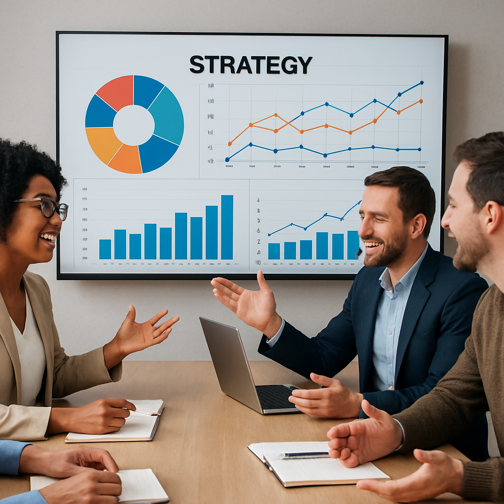 A team of professionals is engaged in a lively discussion about strategies utilizing a large screen that displays various graphs and charts to illustrate their points The atmosphere is collaborative with team members actively sharing ideas and insigh